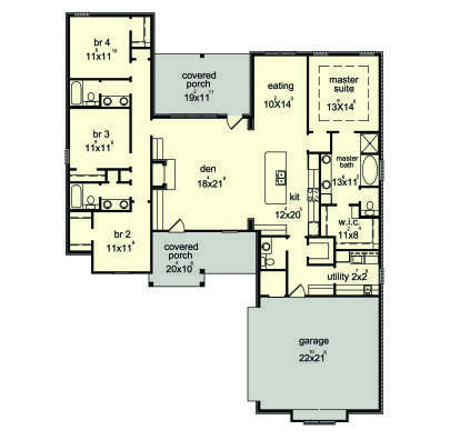 Main floor plan drawing with 4BR, 2.5BA, den, kitchen, eating area, WIC, utility, 2-car garage, and 2 covered porches. House Plan # 9035-00273