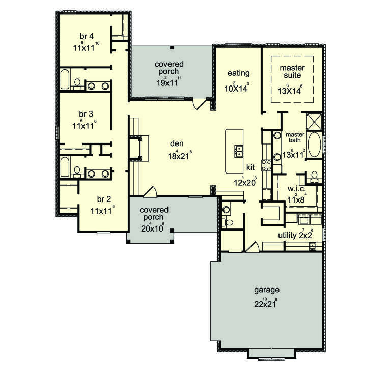 Main floor plan drawing with 4BR, 2.5BA, den, kitchen, eating area, WIC, utility, 2-car garage, and 2 covered porches. House Plan # 9035-00274