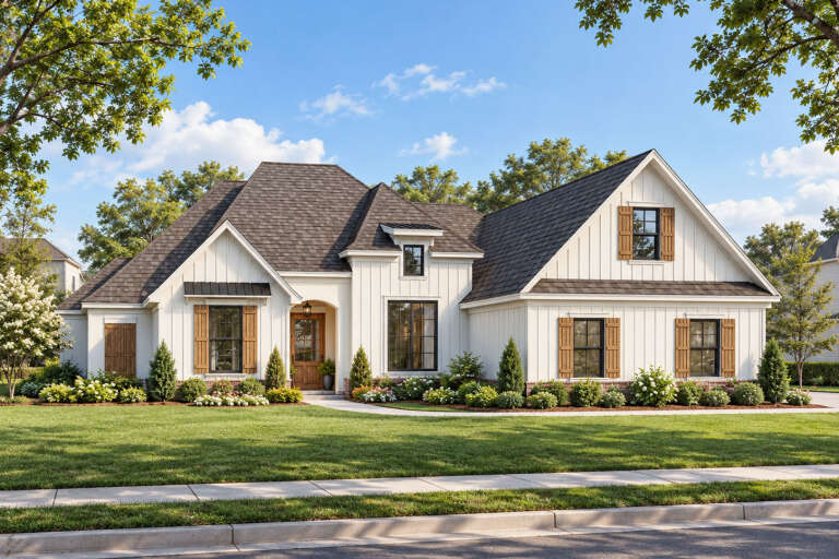 Front view of a white house in Modern Farmhouse style, board-and-batten siding, wood shutters, and gabled rooflines. House Plan # 9035-00275