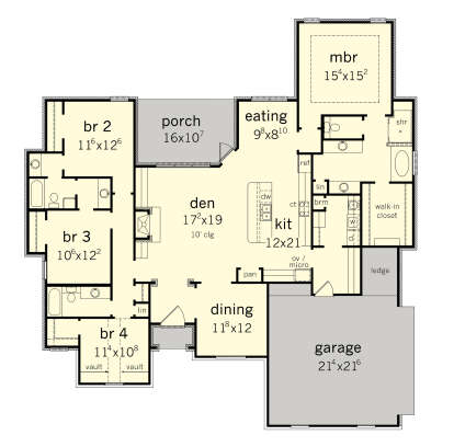 Main floor plan drawing with 4BR, 3BA, den, kitchen, dining, eating area, WIC, 2-car garage, porch, fireplace, and vaults. House Plan # 9035-00275