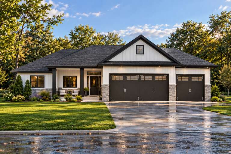 Front view of a white Modern Farmhouse house with a stone base, dark garage doors, black trim, and a gabled roof. House Plan # 7140-00038
