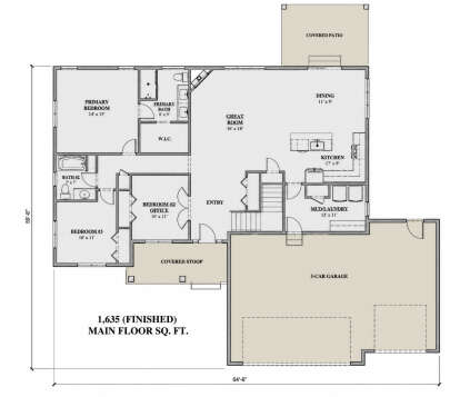 Main floor plan drawing with 3BR, 2BA, great room, kitchen, dining, WIC, Ldry, 3-car garage, covered patio, and stoop. House Plan # 7140-00038
