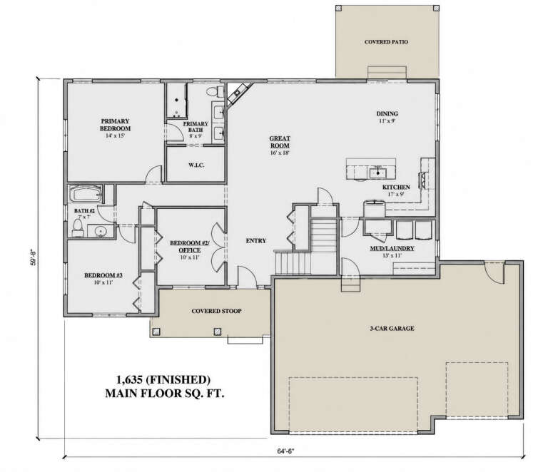 Main floor plan drawing with 3BR, 2BA, great room, kitchen, dining, WIC, Ldry, 3-car garage, covered patio, and stoop. House Plan # 7140-00038