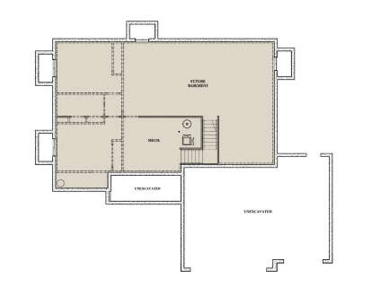 Basement floor plan drawing with future basement, mechanical room, stairs, and unexcavated areas. House Plan # 7140-00038