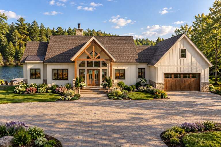 Front view of a white Craftsman house, board-and-batten siding, timber-framed porch, stone accents, and lakefront setting. House Plan # 963-01343
