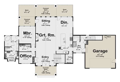 Main floor plan drawing with 1BR, 1.5BA, office, great room, kitchen, pantry, mudroom, 2-car garage, and multiple decks. House Plan # 963-01343