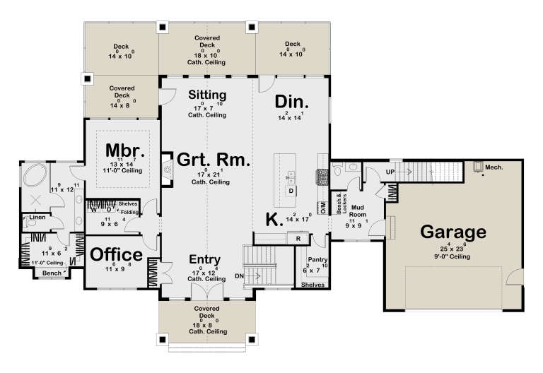 Main floor plan drawing with 1BR, 1.5BA, office, great room, kitchen, pantry, mudroom, 2-car garage, and multiple decks. House Plan # 963-01343