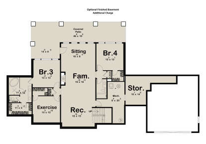 Basement floor plan drawing with 2BR, 1BA, rec room, family room, sitting area, exercise room, storage, mech, and patio. House Plan # 963-01343