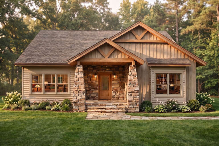 Front view of a tan house, board-and-batten siding, stone-wrapped porch columns, gabled roof, and lush landscaping. House Plan # 5460-00023