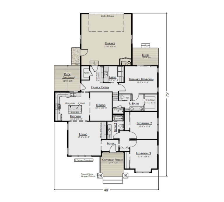 Main floor plan drawing with 3BR, 2BA, kitchen, dining, living, WIC, Ldry, 2-car garage, 2 decks, and covered porch. House Plan # 5460-00023