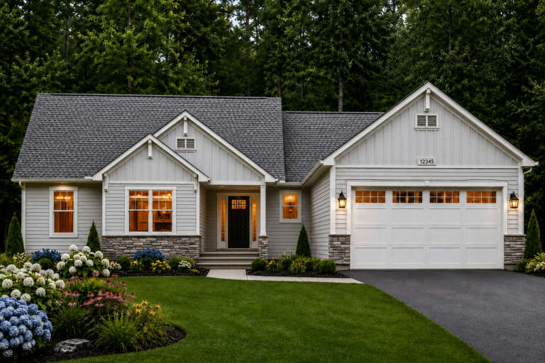 Front view of a gray house in Traditional style, stone accents, board-and-batten siding, and lush landscaping. House Plan # 8768-00244