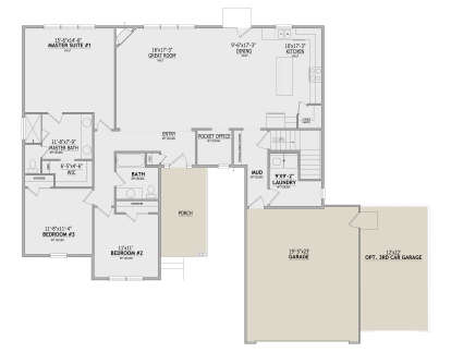Main floor plan drawing with 3BR, 2BA, vaulted great room/kitchen/dining, pocket office, WIC, Ldry, 3-car garage, and porch. House Plan # 8768-00244