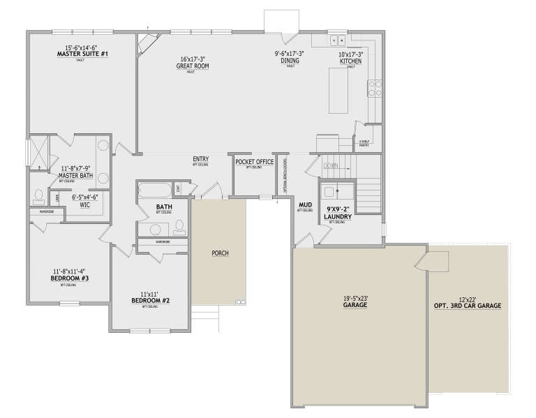 Main floor plan drawing with 3BR, 2BA, vaulted great room/kitchen/dining, pocket office, WIC, Ldry, 3-car garage, and porch. House Plan # 8768-00244