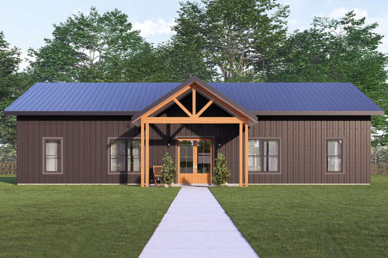 Front view of a dark brown house in Modern Farmhouse style, metal roof, timber porch, and vertical siding. House Plan # 3822-00053