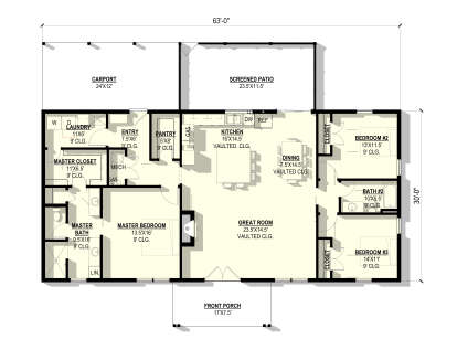 Main floor plan drawing with 3BR, 2BA, vaulted great room/kitchen/dining, pantry, Ldry, carport, screened patio, porch. House Plan # 3822-00053