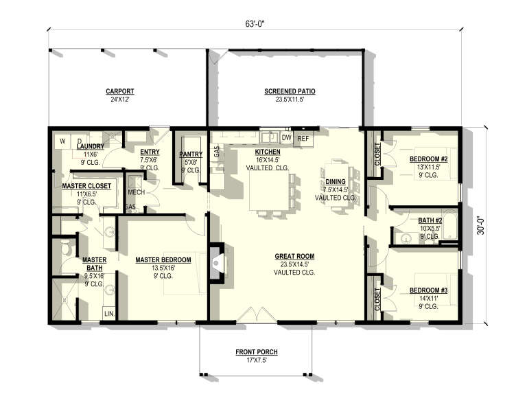 Main floor plan drawing with 3BR, 2BA, vaulted great room/kitchen/dining, pantry, Ldry, carport, screened patio, porch. House Plan # 3822-00053