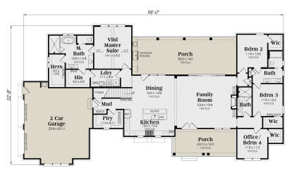 Main floor plan drawing with 4BR, 3BA, vaulted master, kitchen, family room, pantry, mudroom, Ldry, 2-car garage, 2 porches. House Plan # 009-00542