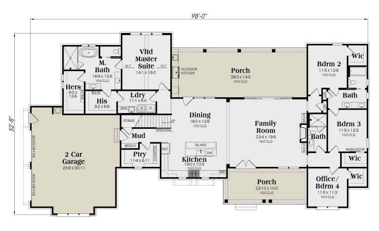 Main floor plan drawing with 4BR, 3BA, vaulted master, kitchen, family room, pantry, mudroom, Ldry, 2-car garage, 2 porches. House Plan # 009-00542