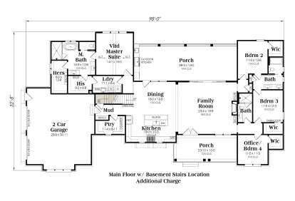 Main floor plan drawing with 4BR, 3BA, kitchen, family room, dining, mudroom, pantry, 2-car garage, 2 porches, Vltd Master. House Plan # 009-00542