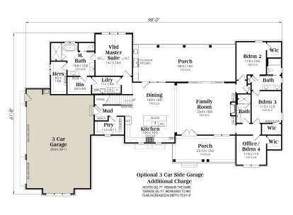 Main floor plan drawing with 4BR, 3BA, vaulted master, open kitchen/family room, WIC, 3-car garage, mudroom, and 2 porches. House Plan # 009-00542