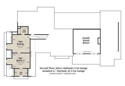 Second floor plan drawing with opt 1BR, 1BA, bonus room, WIC, stairs, and open-to-below family room area. House Plan # 009-00542