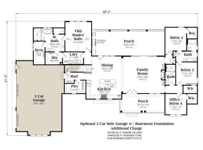 First-floor plan drawing with 4BR, 3BA, vaulted master, kitchen, family room, pantry, mudroom, Ldry, 3-car garage, 2 porches. House Plan # 009-00542