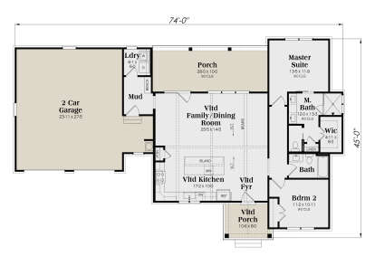 Main floor plan drawing with 2BR, 2BA, vaulted kitchen/family/foyer, WIC, Ldry, mudroom, 2-car garage, and 2 porches. House Plan # 009-00544