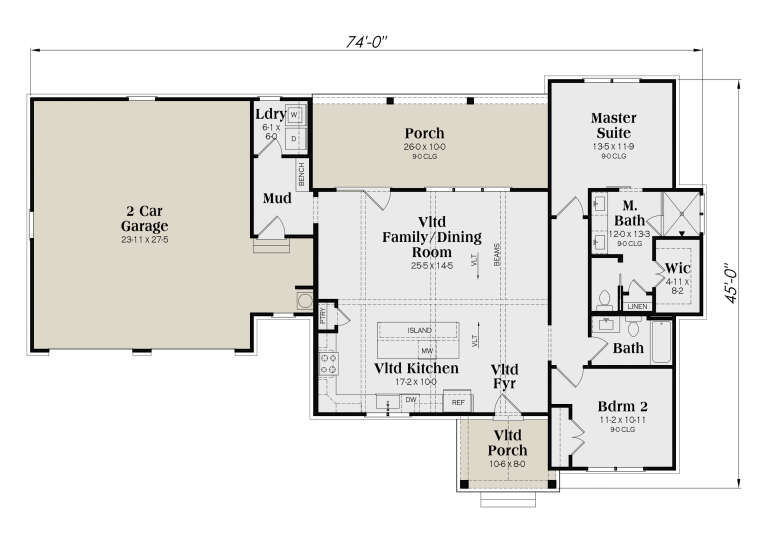 Main floor plan drawing with 2BR, 2BA, vaulted kitchen/family/foyer, WIC, Ldry, mudroom, 2-car garage, and 2 porches. House Plan # 009-00544