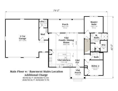 Main floor plan drawing with 2BR, 2BA, vaulted kitchen/family room, WIC, 2-car garage, mudroom, Ldry, and 2 porches. House Plan # 009-00544