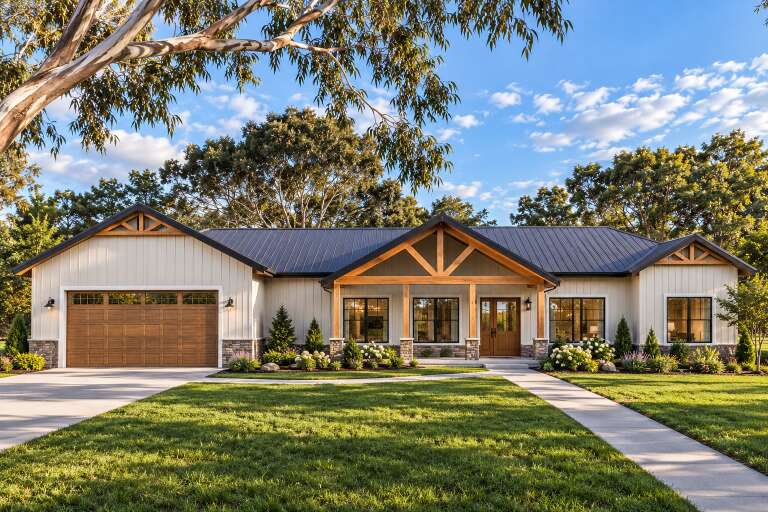 Front view of a white house in Modern Farmhouse style, board-and-batten siding, timber trusses, and metal roof. House Plan # 3822-00054
