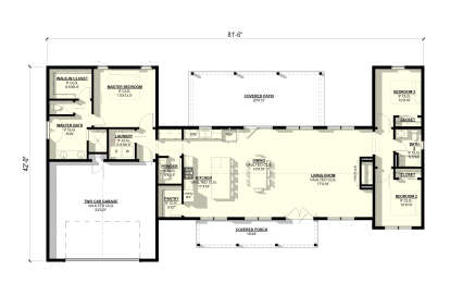 Main floor plan drawing with 3BR, 2.5BA, vaulted kitchen/living/dining, pantry, Ldry, 2-car garage, patio, and porch. House Plan # 3822-00054