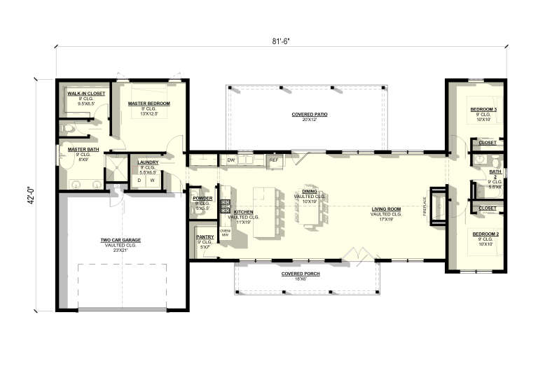 Main floor plan drawing with 3BR, 2.5BA, vaulted kitchen/living/dining, pantry, Ldry, 2-car garage, patio, and porch. House Plan # 3822-00054