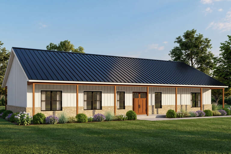 Front view of a white house in Modern Farmhouse style, metal roof, stone base, wood porch posts, and black windows. House Plan # 3822-00055