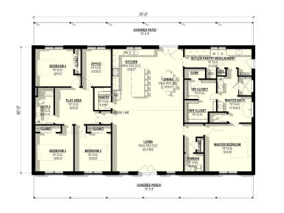 Main floor plan drawing with 4BR, 2.5BA, office, play area, vaulted kitchen/living, pantry, mud/laundry, patio, porch. House Plan # 3822-00055