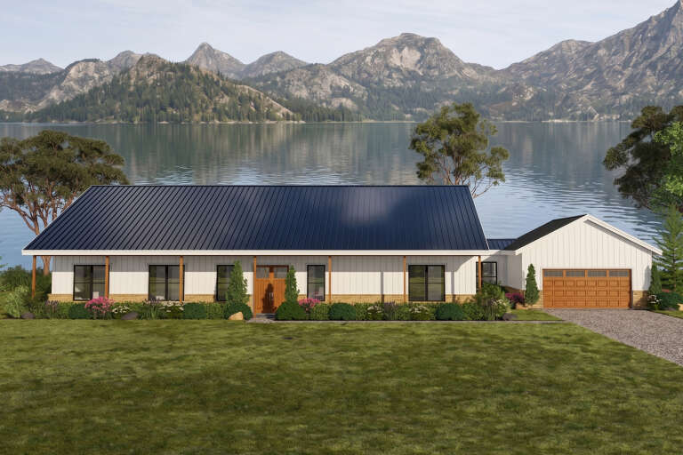 Front view of a white house in Modern Farmhouse style, metal roof, wood accents, stone base, and attached garage. House Plan # 3822-00056