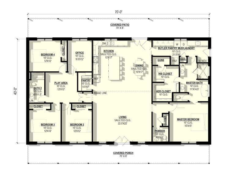 Main floor plan drawing with 4BR, 2.5BA, office, play area, vaulted kitchen/living/dining, pantry, mud/laundry, covered patio. House Plan # 3822-00056