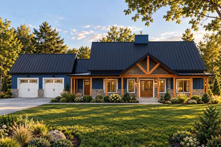 Front view of a blue house in Modern Farmhouse style, stone base, metal roof, timber accents, and double garage. House Plan # 3822-00057