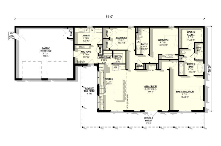Main floor plan drawing with 3BR, 2BA, kitchen, great room, fireplace, WIC, Ldry, mud room, 2-car garage, and 2 porches. House Plan # 3822-00057