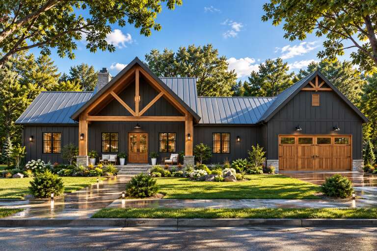 Front view of a dark gray Modern Farmhouse, metal roof, timber beams, wood entry and garage doors, and lush landscaping. House Plan # 4195-00094