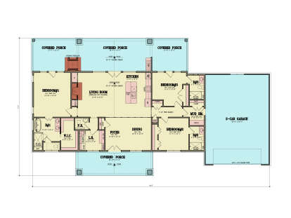 Main floor plan drawing with 3BR, 3.5BA, vaulted living/kitchen, outdoor fireplace, 2-car garage, and 4 covered porches. House Plan # 4195-00094