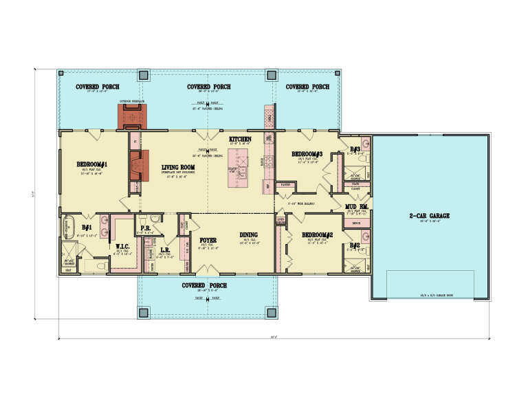 Main floor plan drawing with 3BR, 3.5BA, vaulted living/kitchen, outdoor fireplace, 2-car garage, and 4 covered porches. House Plan # 4195-00094