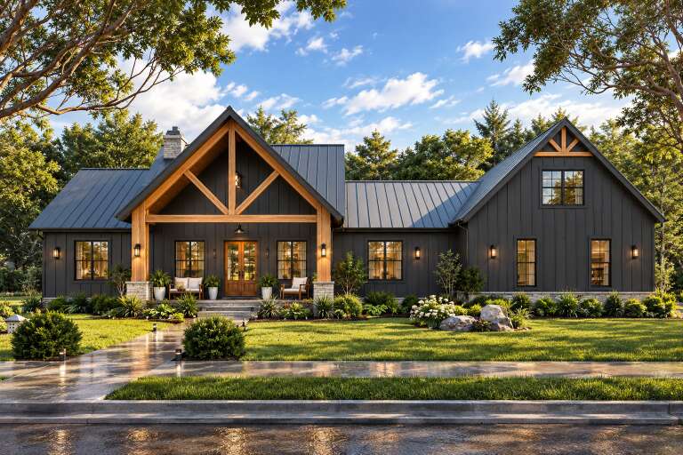 Front view of a dark gray house in Modern Farmhouse style, timber gables, metal roof, stone base, and lush landscaping. House Plan # 4195-00095