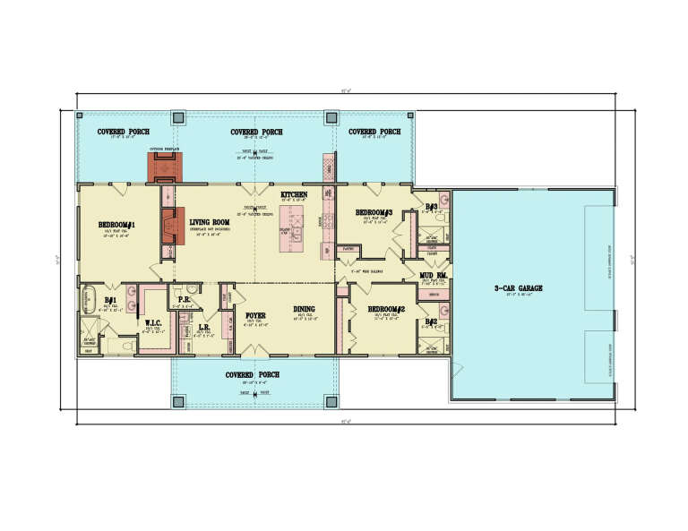 Main floor plan drawing with 3BR, 3.5BA, vaulted living/kitchen, WIC, pantry, mudroom, 3-car garage, and covered porches. House Plan # 4195-00095