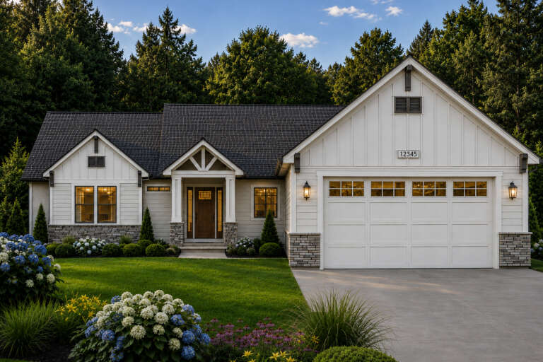 Front view of a white Craftsman house, board-and-batten siding, stone accents, dark roof, and landscaped front yard. House Plan # 8768-00245