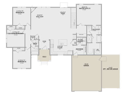 Main floor plan drawing with 4BR, 2BA, vaulted great room/kitchen/dining, WIC, Ldry, mud room, 3-car garage, and porch. House Plan # 8768-00245