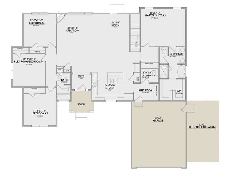 Main floor plan drawing with 4BR, 2BA, vaulted great room/kitchen/dining, WIC, Ldry, mud room, 3-car garage, and porch. House Plan # 8768-00245