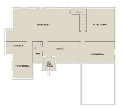 Basement floor plan drawing with 2 future BR, future BA, family room, theatre, storage, cold storage, mech, and stairs. House Plan # 8768-00245