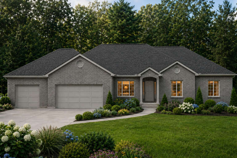 Front view of a grey house in Traditional style, brick siding, dark shingled roof, arched entry, and lush landscaping. House Plan # 8768-00246