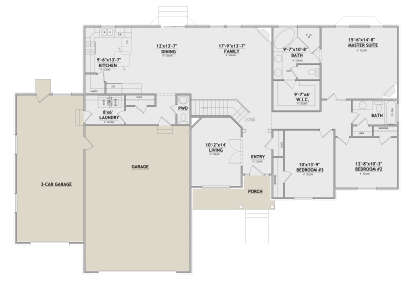 Main floor plan drawing with 3BR, 2.5BA, kitchen, dining, family, living, Ldry, WIC, 3-car garage, porch, 9' ceilings. House Plan # 8768-00246