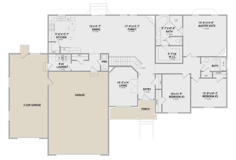 Main floor plan drawing with 3BR, 2.5BA, kitchen, dining, family, living, Ldry, WIC, 3-car garage, porch, 9' ceilings. House Plan # 8768-00246